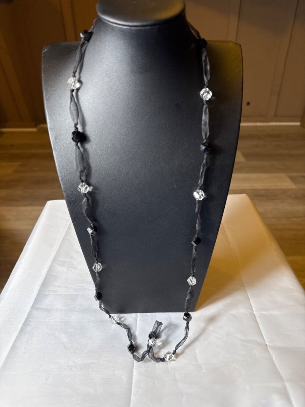 Whimsigoth Black Ribbon Faceted Clear Crystal Statement Necklace